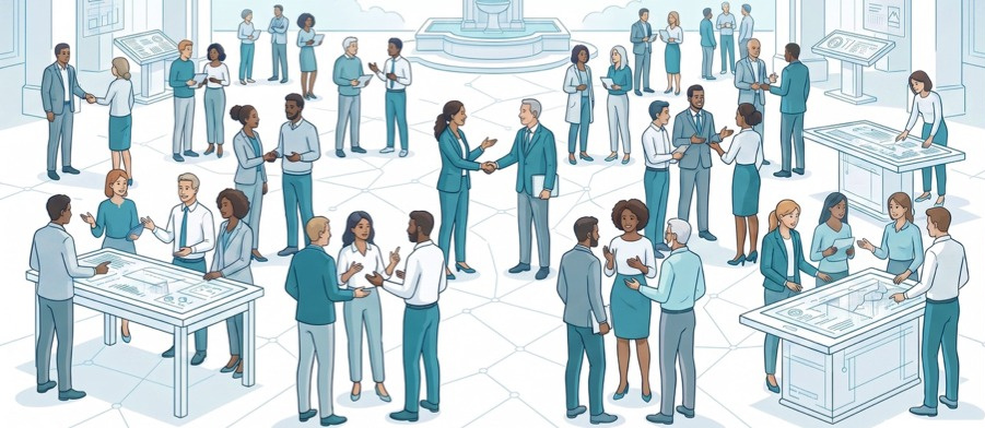 People meeting in a digital global town square